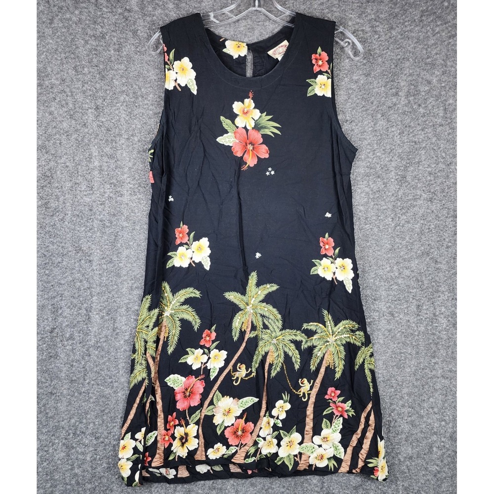 Peppermint Bay Shift Dress Womens L Black Tropical Floral Palm Tree Sequin Rayon